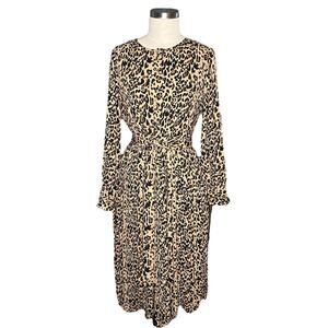 J CREW Tan Brown Leopard Patterned Pleated Midi Dress Women's Size 6 Belted Chic